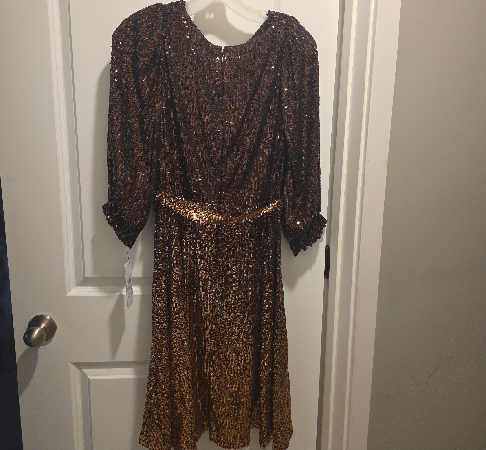 DKNY Two-Tone Bronze Sequin Wrap Midi Dress - Picture 10 of 16